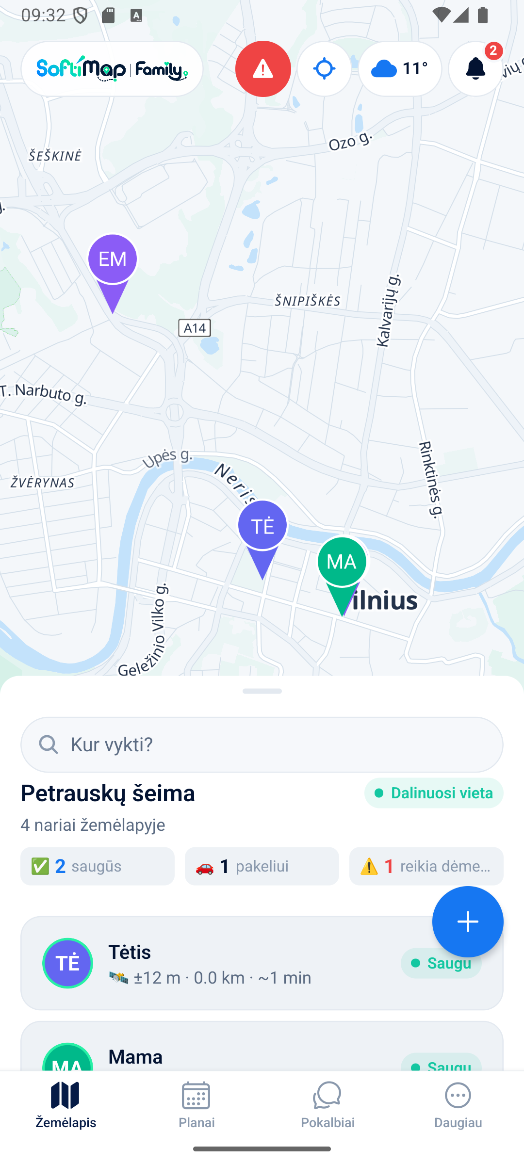 SoftiMap Family family map with member locations and route