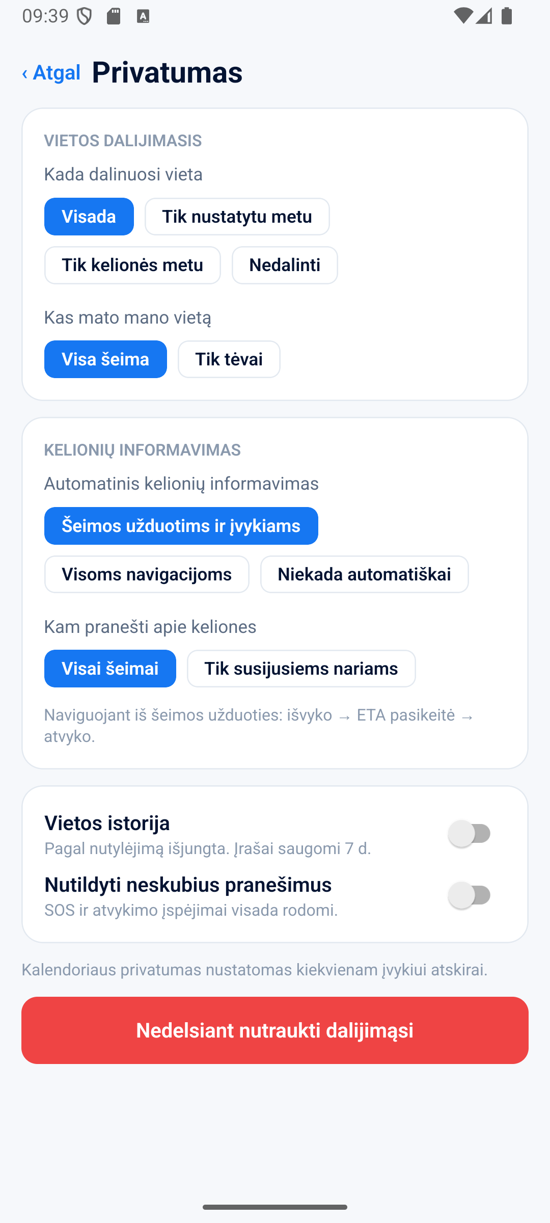 Privacy settings screen